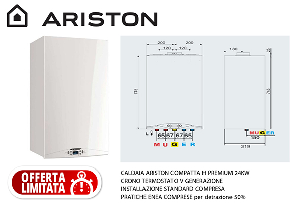 Arianova vi offre la nuovissima caldaia a Condensazione dell'ARISTON modello PREMIUM 24 Kw a soli € 2.200,00 completa di installazion, canna fumaria, cronotermostato, lavaggio impianto e kit filtri defangatore e polifosfati.