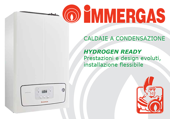 Caldaia a Condensazione pronta per l'Hydrogeno della Immergas, in OFFERTA completa di installazione, canna fumaria, cronotermostato digitale, kit filtri e 10 anni di garanzia.